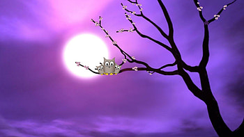 Midnight Boo, night, Moon, tree, purple, owls, Luna, blossoms, plum, carmencitazapacita HD wallpaper