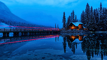 Emerald Lake, Yoho NP, British Columbia, winter, snow, trees, mountains, canada, water, reflections, cabin HD wallpaper
