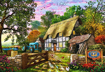 The Farmer's Cottage, artwork, trees, flowers, house, digital HD wallpaper