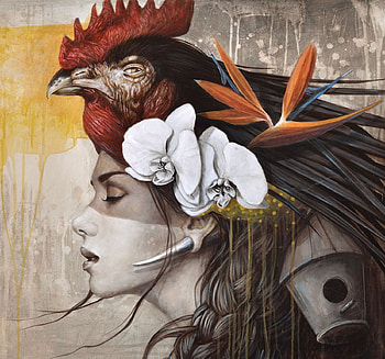 :), sophie wilkins, red, face, girl, rooster, pasari, art, bird, cocos, painting, pictura HD wallpaper