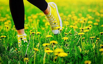 Flowers, Grass, Dandelions, Miscellanea, Miscellaneous, Legs, Sneakers, Run Away, Run, Shoes HD wallpaper