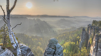 sunrise over beautiful valley in rathen germany, cliffs, valley, haze, forest, sunrise HD wallpaper