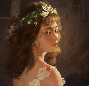 Girl, art, rainbowstone, wreath, fantasy, face HD wallpaper