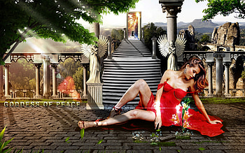 Goddess of Peace, vabstact, lens, pillars, landescape, stairs, flower, moment, erin, sun, concept, flare, girl, grass, stones, fantasy, lights, brikks, red, peace, mauntains HD wallpaper