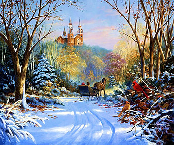 Winter Sleighride, horse, birds, path, church, artwork, sleigh, painting, snow, trees, hill, cardinals HD wallpaper