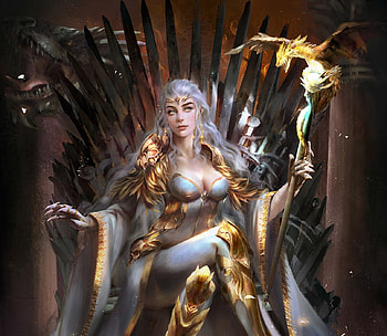 Queen, throne, liu tao, dragon, girl, liutao, frumusete, art, fantasy, luminos HD wallpaper