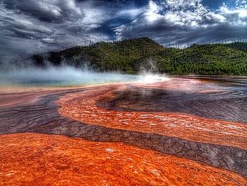 Drought, dry land, hills, mists, storm clouds HD wallpaper