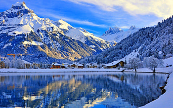 SNOWY LAKE HOUSES, town, snow, trees, houses, mountains, forest, lake HD wallpaper