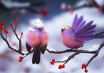 :), art, bird, red, charlotte lebreton, couple, berry, pasari, winter, fantasy, iarna HD wallpaper