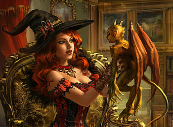 Witch, frumusete, demon, halloween, fantasy, anotherwanderer, redhead, luminos, hat HD wallpaper