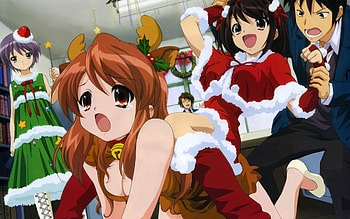 The Melancholy of Suzumiya Haruhi, orange, suzumiya, melancholy, brown, anime, sos, christmas, x-mas, hair, male, haruhi, female HD wallpaper