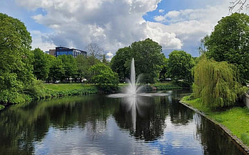 Fountain in Park, canal, fountain, Latvia, clouds, park HD wallpaper