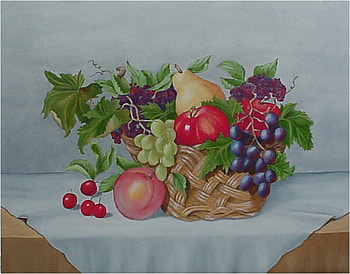 Floral Fruit, table, grapes, cherries, table cloth, pears, basket, wicker, grape leaves, apples, peaches HD wallpaper