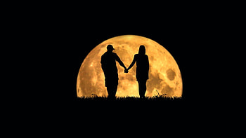 Two and the moon, night, black, man, woman, summer, moon, yellow, couple, luna, luminos, silhouette HD wallpaper