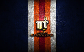 Pune Marathas, golden logo, Elite Football League, blue metal background, indian football team, Pune Marathas logo, american football HD wallpaper
