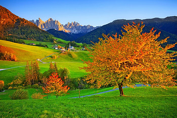 Autumn slope, colorful, hills, slope, fall, peaceful, beautiful, houses, mountain, leaves, trees, view, autumn, sky, village, foliage HD wallpaper