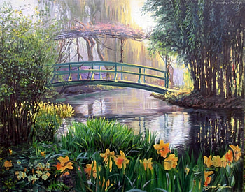 The bridge, bridge, zbigniew kopania, lake, park, tulip, art, spring, painting, flower, pictura, lalele HD wallpaper