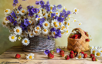 Still Life with Strawberries, basket, still life, strawberries, flowers, bluebells, daisies HD wallpaper