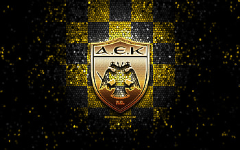 AEK Athens FC, glitter logo, Super League Greece, yellow black checkered background, soccer, greek football club, AEK Athens logo, mosaic art, football, AEK Athens HD wallpaper