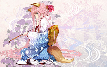 Smoking Beauty, smoking pipe, pipe, cute anime girl, kimono, yukata, pink hair, long hair, tail, anime girl, butterflies, butterfly, animal ears, flower, flowers, green eyes HD wallpaper