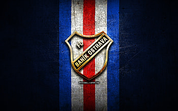 Banik Ostrava FC, golden logo, Czech First League, blue metal background, football, czech football club, Banik Ostrava logo, soccer, FC Banik Ostrava HD wallpaper