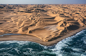 Meeting Namib, blue, white, beige, sand, dunes, Africa, beach, landscapes, desert, ocean HD wallpaper