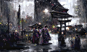 :), kimono, asian, fantasy, art, street, aivocado, world, people HD wallpaper