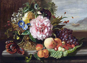 Bouquet Friends, peonies, grapes, colours, spring, plums, tulips, background, mantel, cuts, scenic, morning glory, still, garden, fruits, fresh, leaves, peaches, flowers, bowl HD wallpaper
