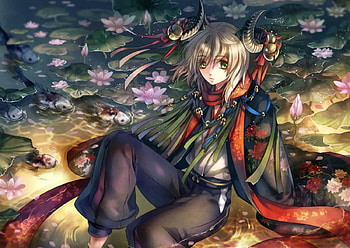 Lotus Pond, cute, floral, koi, wet, flower, water lily, horn, fish, water, lily pads, pond, female, blossom, sexy, hot, girl, lily, anime girl, anime, lotus HD wallpaper