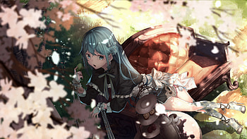 Blue, long hair, anime girl, original, garden HD wallpaper