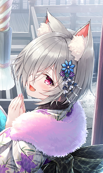 Frost-Kitsune: Lavender-Eyed , purple eyes, white hair, animal ears, Anime, girl, anime girl HD phone wallpaper