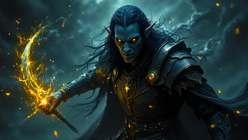 Shadowblade Elf – Wielder of the Golden Arc, dark anime, glowing eyes, fantasy warrior, elf HD wallpaper
