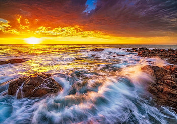 Beach at Sunset, sand, current, rocks, beauty, beach, waves, clouds, nature, sky, sunset HD wallpaper