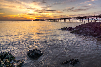 Nature, Sunset, Stones, Sea, Horizon, Pier HD wallpaper
