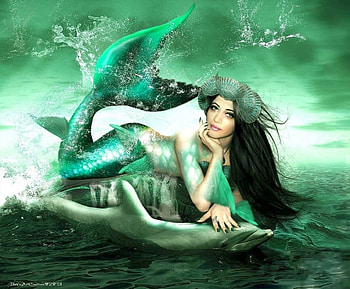 Green Mermaid, mermaid, porpoise, brunette, digital art, fantasy, magical, green, water, lovely HD wallpaper