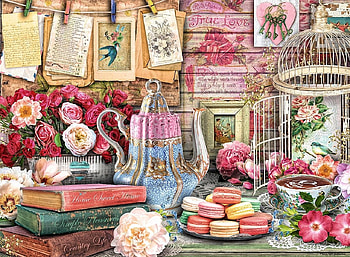 Vintage Tea Party, books, table, cakes, painting, bird, flowers, porcelain HD wallpaper