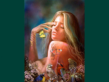 Beauty, birds and butterflies, butterflies, birds, woman, beauty HD wallpaper