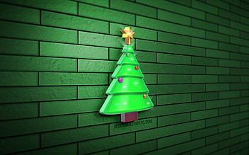 Christmas tree, shiny xmas tree, green brickwall, Christmas decorations, Happy New Year, Merry Christmas, xmas tree, 3D art, 3D xmas tree, xmas decorations HD wallpaper