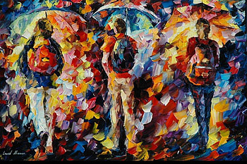 Leonid Afremov - Three umbrellas, umbrella, rain, art, colors, people, walk, leonid afremov, painting, three HD wallpaper