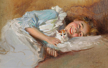Girl with a kitten, painting, orazio gaigher, kitten, art, pictura, girl, cat HD wallpaper