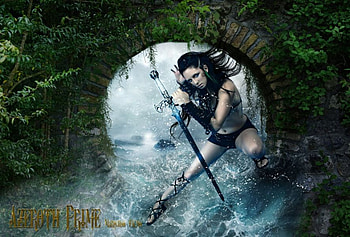 Jungle, sea, sword, girl, beautiful, woman, waterfall, trees, wall, water HD wallpaper
