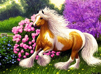 Galopping Horse, artwork, painting, landscape, colors, flowers HD wallpaper