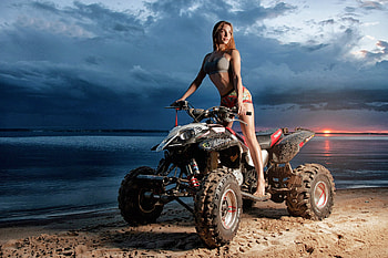 Enjoying the Beach at Sunset on her Quad, model, beach, sunset, quad HD wallpaper