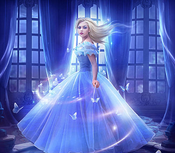 Cinderella, elena dudina, blue, elenadudina, white, girl, dress, fantasy, butterfly, luminos, princess HD wallpaper