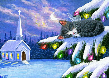 An Angel in the Snow, winter, artwork, painting, chappel, cat, christmas tree HD wallpaper