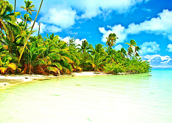 Ee Island, Aitutaki Atoll, sea, tropical, paradise, beautiful, calm water, beach, summer, pristine, clouds, palm trees, Cook Islands, white sand HD wallpaper