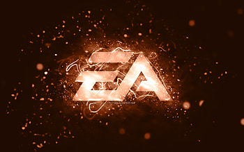 EA GAMES brown logo, , Electronic Arts, brown neon lights, creative, blue abstract background, EA GAMES logo, online games, EA GAMES HD wallpaper