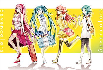 Seven Colors, awesome, uniform, nanase, artistic, nice, digital, cg, hatsune, aqua eyes, sexy, outfit, white, hatsune miku, art, twintail, hot, girl, singer, aqua, pink hair, anime girl, anime, pretty, green, megurine, virtual, green eyes, stockings, album, blue, luka, black, kanon, song, leggings, cute, vocaloid, red eyes, gumi, beauty, miku, airport, music, luggage, vocaloids, thighhighs, megurine luka, program, skirt, bag, beautiful, diva, tie, pink, long socks, kanon nanase, aqua hair, yellow, cool, green hair, idol HD wallpaper
