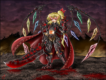 played to many MMORPGS, wings, sword, blonde, red eyes, long hair, tail, armor, cape, weapon, blood, pony, flandre scarlet, bow HD wallpaper