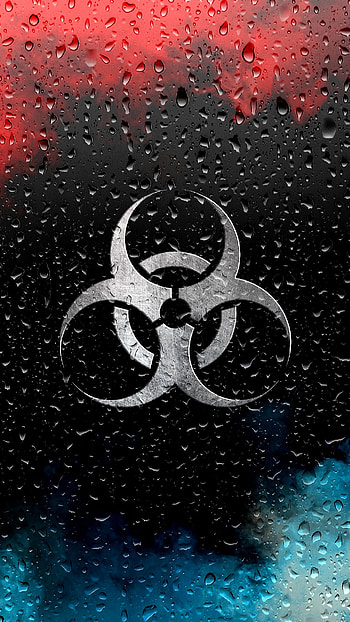 Biohazard, red, rain, symbol, drops, blue, logo, water-drops HD phone wallpaper